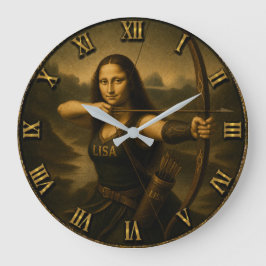 Funny Archery Mona Lisa Bow and Arrow Gift ラージ壁時計