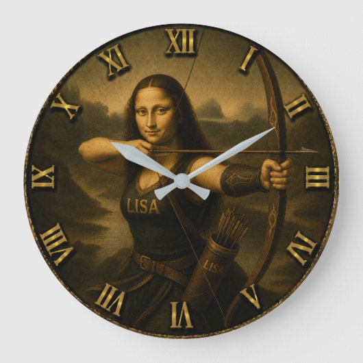 Funny Archery Mona Lisa Bow and Arrow Gift ラージ壁時計 (正面)