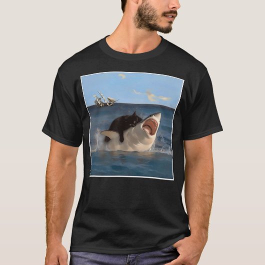 funny Art & Cat Lover Quote Cat Biting Shark Cool  Tシャツ (正面)