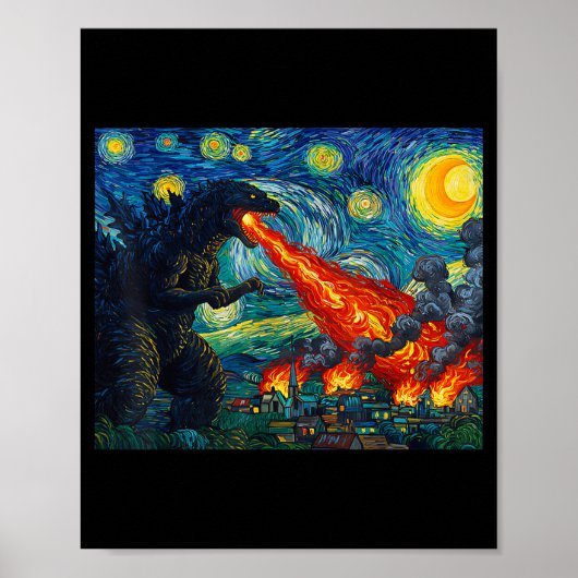 Funny Art Japanese Monster Kaiju In Van Gogh Starr ポスター (正面)