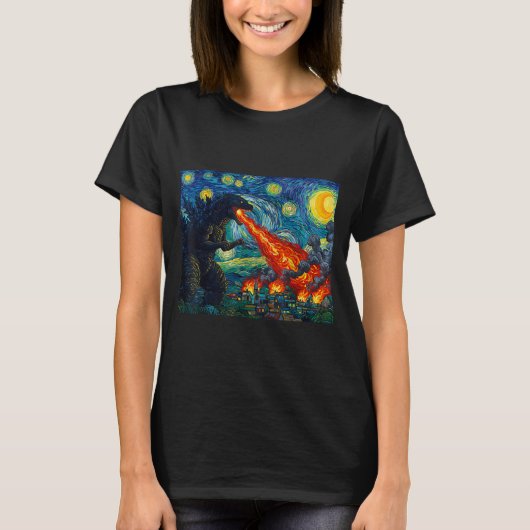Funny Art Japanese Monster Kaiju In Van Gogh Starr Tシャツ (正面)