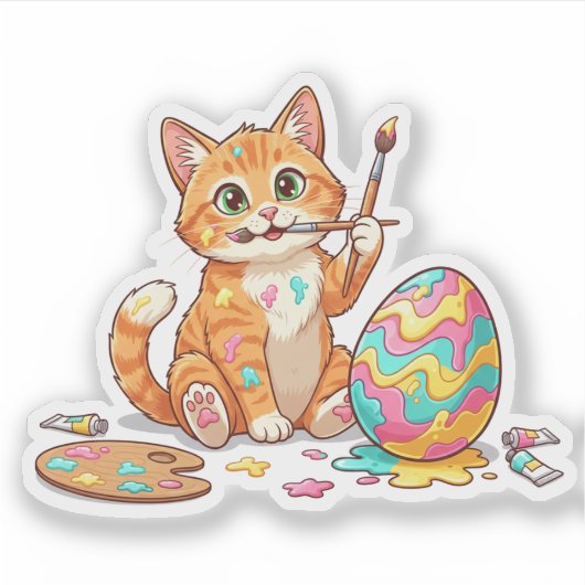 Funny Artist Cat Painting Easter Egg Messy Sticker シール (正面)