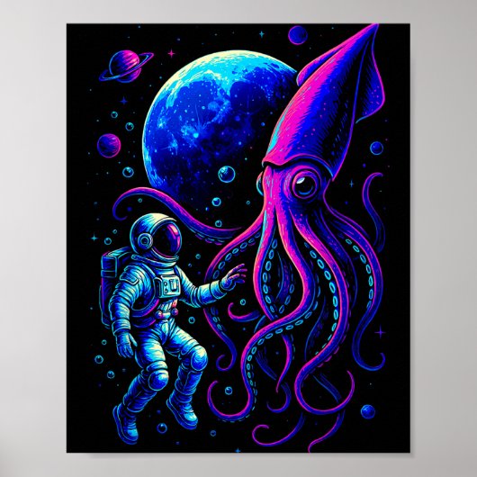 Funny Astronaut And Squid In Underwater Space With ポスター (正面)