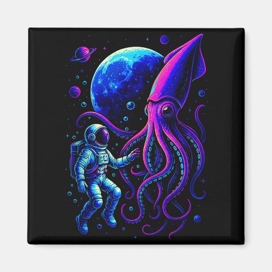 Funny Astronaut And Squid In Underwater Space With マグネット (正面)