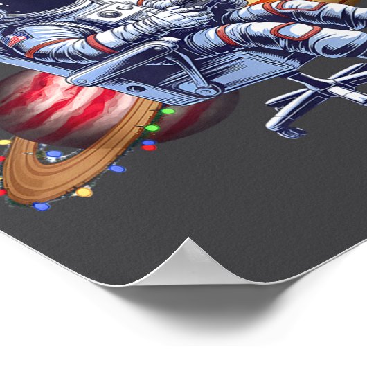 Funny Astronaut Christmas Space Lights Santa Hat P ポスター (角)