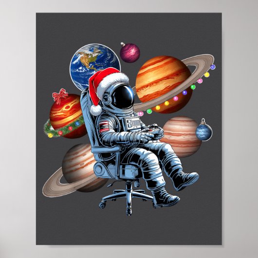 Funny Astronaut Christmas Space Lights Santa Hat P ポスター (正面)