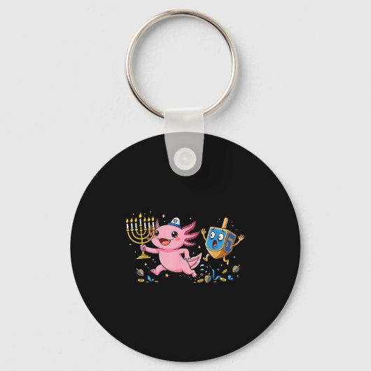 Funny Axolotl Dreidel Menorah Hanukkah Kids Womens キーホルダー (正面)