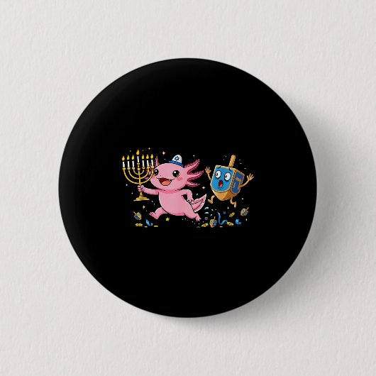 Funny Axolotl Dreidel Menorah Hanukkah Kids Womens 缶バッジ (正面)