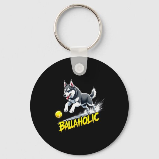 Funny Ballaholic Siberian Husky Dog Chasing Ball キーホルダー (正面)