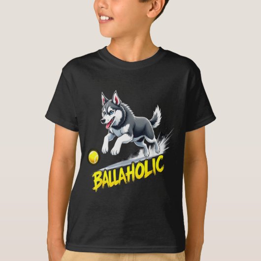 Funny Ballaholic Siberian Husky Dog Chasing Ball Tシャツ (正面)