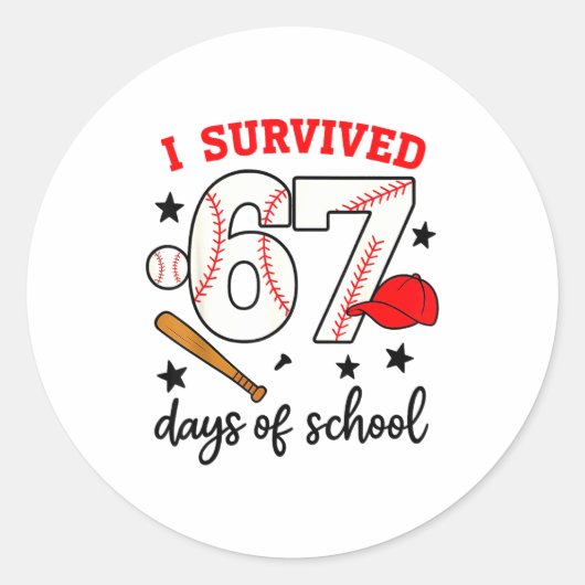 Funny Baseball I Survived 67 Days Of School Design ラウンドシール (正面)