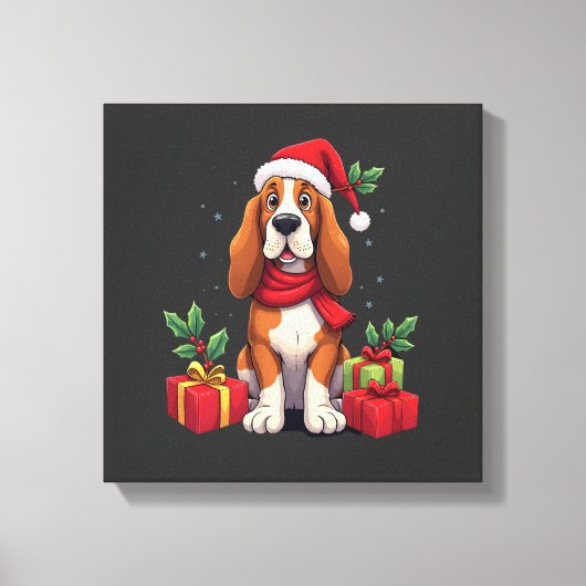Funny Basset Hound Dog Christmas Outfits Santa Hat キャンバスプリント (正面)