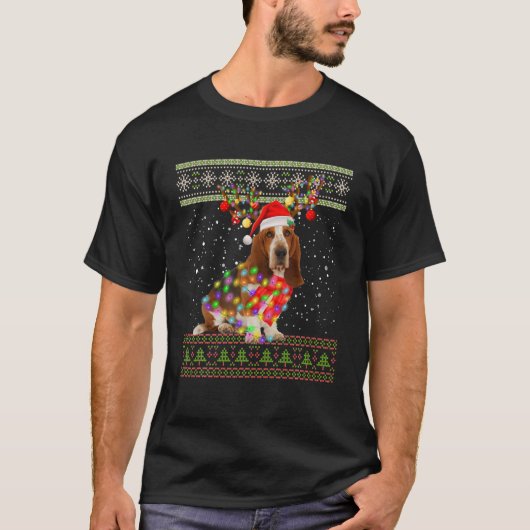 Funny Basset Hound Ugly Christmas Lights Sweater M Tシャツ (正面)