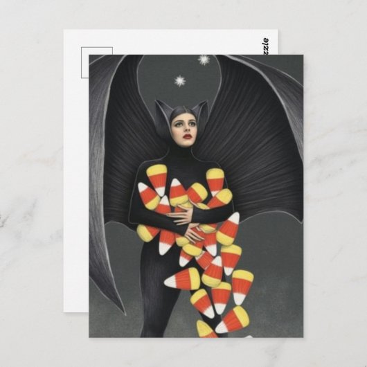 Funny Bat With Halloween Candy ポストカード (正面/裏面)