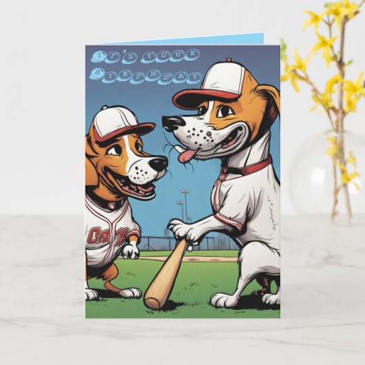 Funny Beagle Dogs play baseball birthday カード (黄色い花)