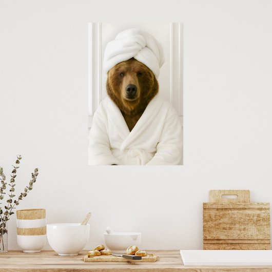 Funny Bear Bathroom Print, Bear In Bathrobe ポスター (キッチン)