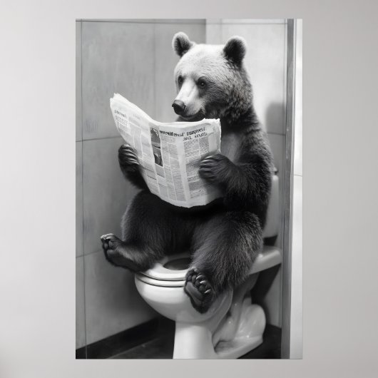 Funny Bear Bathroom Print, Toilet Newspaper ポスター (正面)