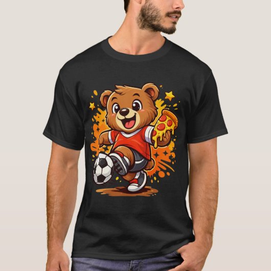 Funny Bear Playing Soccer Eating Pizza Tシャツ (正面)