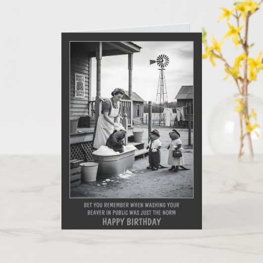 Funny Beaver Birthday カード (黄色い花)