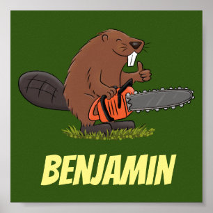 Funny beaver with chainsaw cartoon humor ポスター