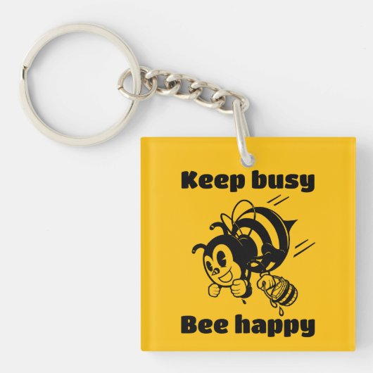 Funny Bee Keep Busy Bee Happy Motivational Cartoon キーホルダー (正面)