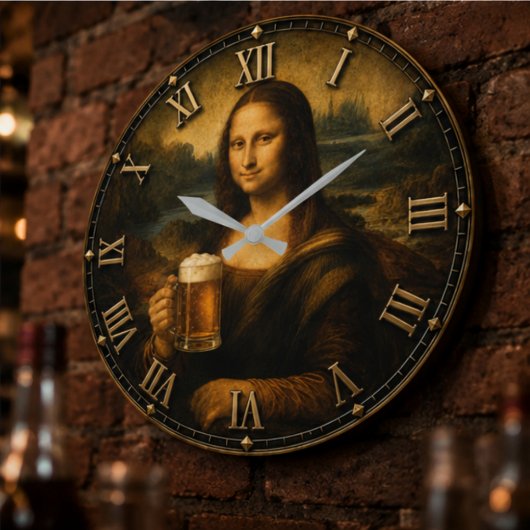Funny Beer Mona Lisa Cheers Renaissance Art ラージ壁時計
