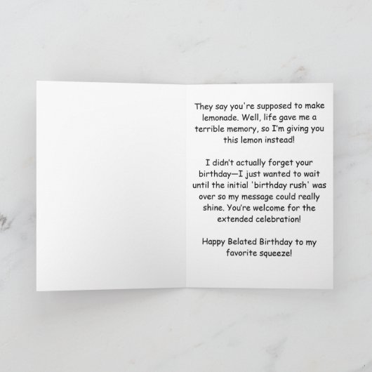 Funny Belated Birthday Message: Lemon Theme カード (内部)