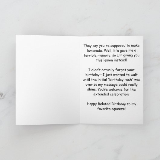 Funny Belated Birthday Message: Lemon Theme カード (内部)