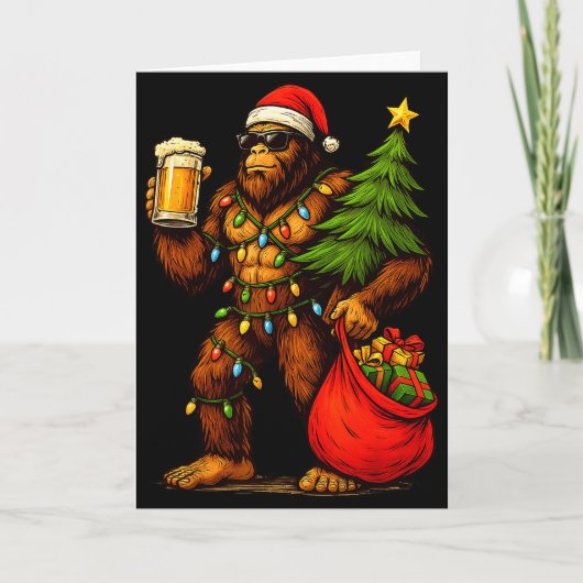 Funny Big Foot Santa Hat Drink Christmas Tree Xmas カード (正面)