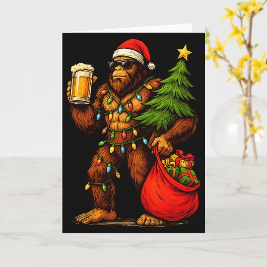 Funny Big Foot Santa Hat Drink Christmas Tree Xmas カード (黄色い花)