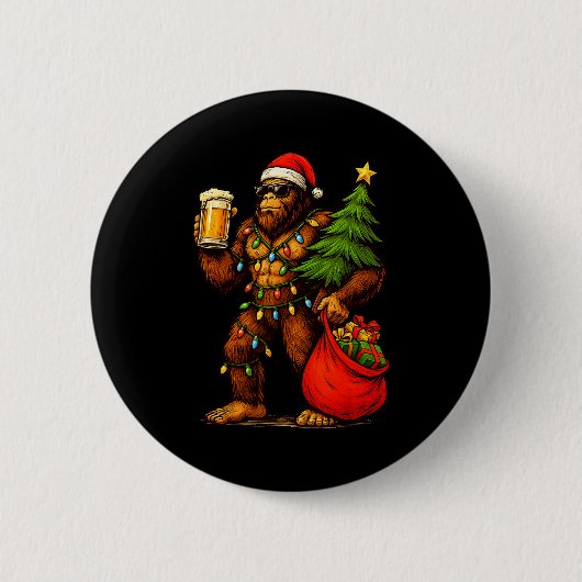 Funny Big Foot Santa Hat Drink Christmas Tree Xmas 缶バッジ (正面)
