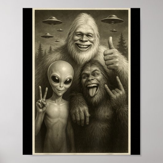 Funny Bigfoot, Alien, &amp; Yeti Sasquatch Rock On ポスター (正面)
