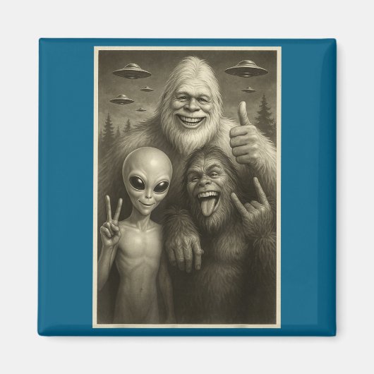 Funny Bigfoot, Alien, & Yeti Sasquatch Rock On マグネット (正面)