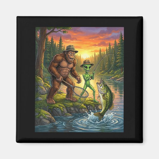Funny Bigfoot Fishing Mens Alien Sasquatch Fishing マグネット (正面)