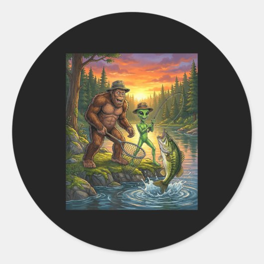 Funny Bigfoot Fishing Mens Alien Sasquatch Fishing ラウンドシール (正面)