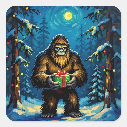 Funny Bigfoot holding a Christmas Gift スクエアシール (正面)