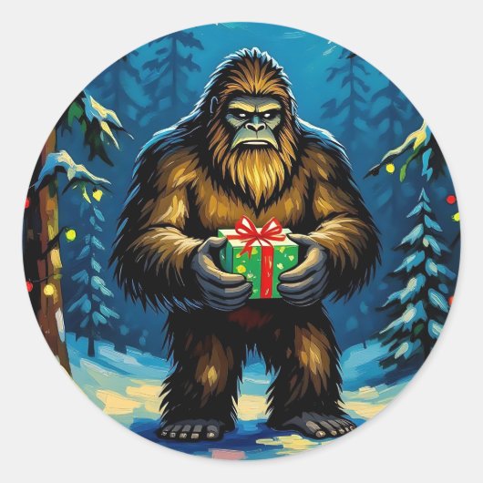 Funny Bigfoot holding a Christmas Gift ラウンドシール (正面)