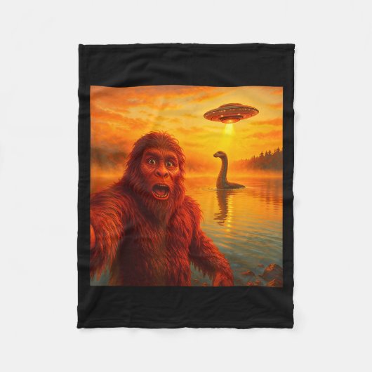 Funny Bigfoot Selfie With Loch Ness Monster And Uf フリースブランケット (正面)