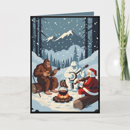 Funny Bigfoot ,The Yeti and Santa Christmas card カード (正面)