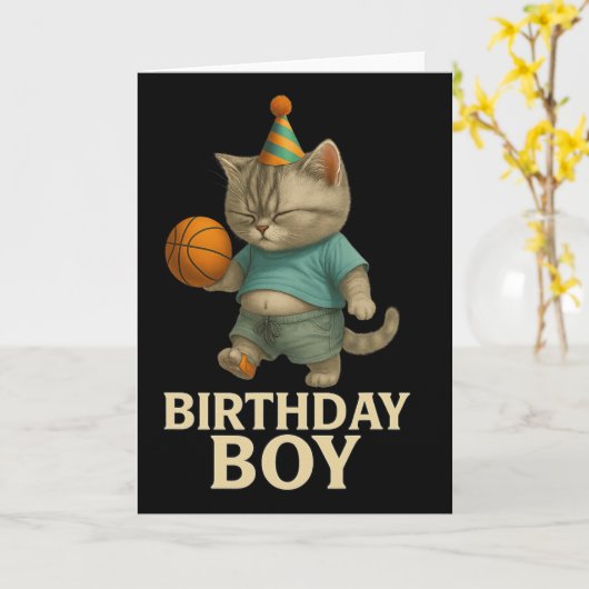 Funny Birthday Cat Playing Sketll – Slam Dunk Kity カード (黄色い花)