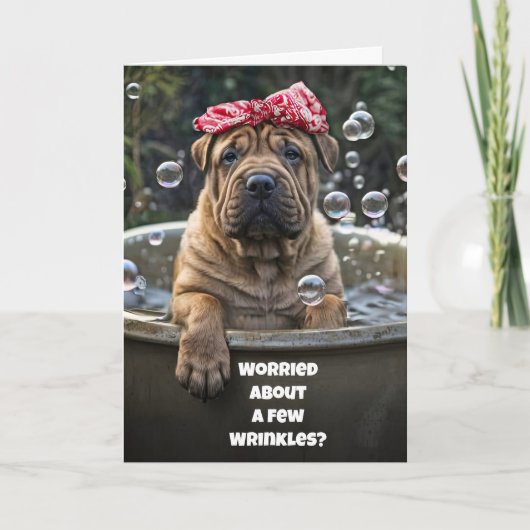 Funny Birthday Cute Shar Pei Puppy Bubble Bath  カード (正面)