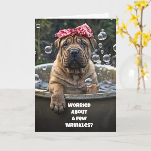 Funny Birthday Cute Shar Pei Puppy Bubble Bath  カード (黄色い花)