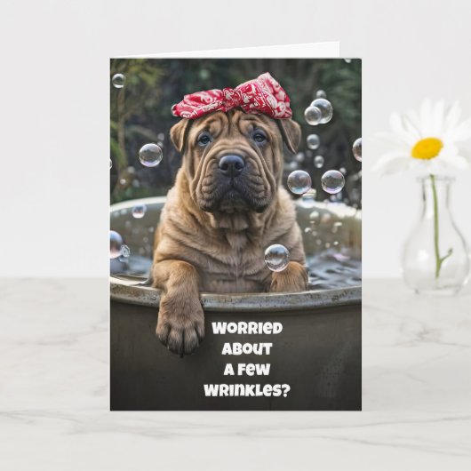 Funny Birthday Cute Shar Pei Puppy Bubble Bath  カード (小さな植物)