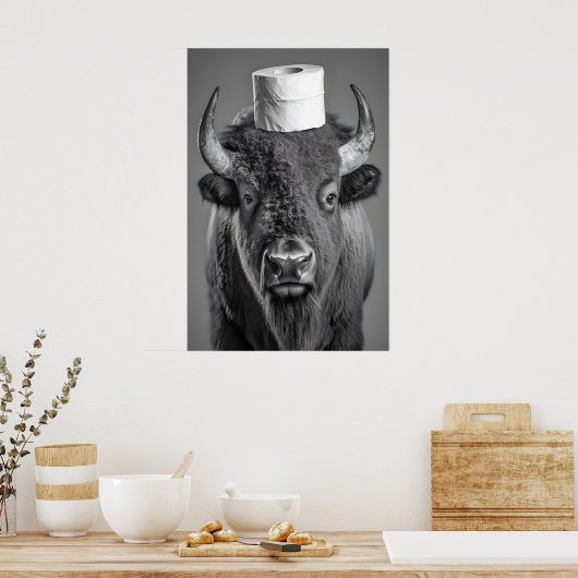 Funny Bison Bathroom Art Print, Toilet Paper Roll ポスター (キッチン)