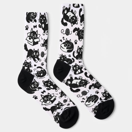 Funny Black and White Cats Pattern Socks ソックス (右)