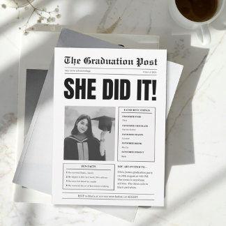 Funny black and white newspaper graduation party 招待状