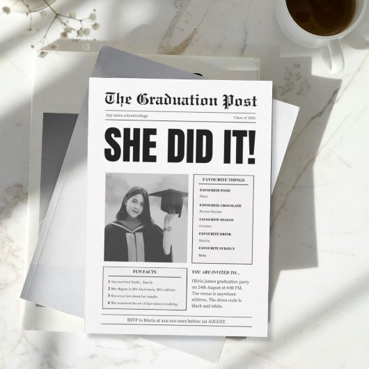 Funny black and white newspaper graduation party 招待状