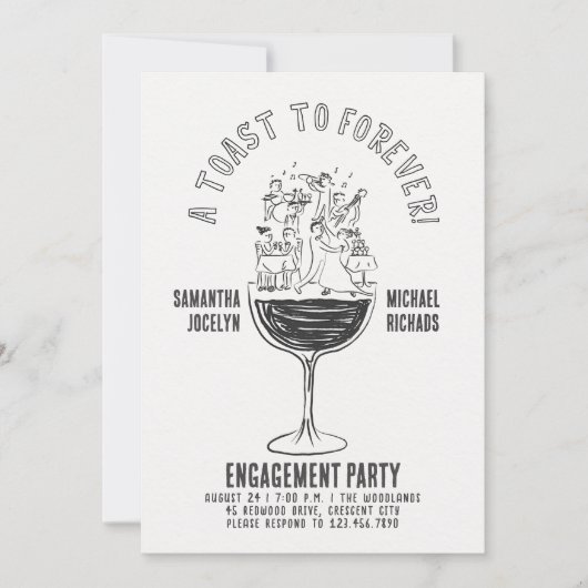 Funny Black and White Wine Glass Engagement Party 招待状 (正面)