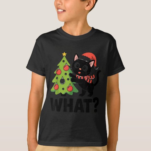 Funny Black Ca Pushing Christmas Tree Over Cat Wha Tシャツ (正面)