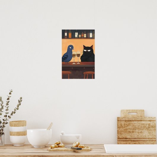 Funny Black Cat and Bird ポスター (キッチン)